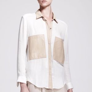 Helmut Lang button up w leather pockets & trim. 